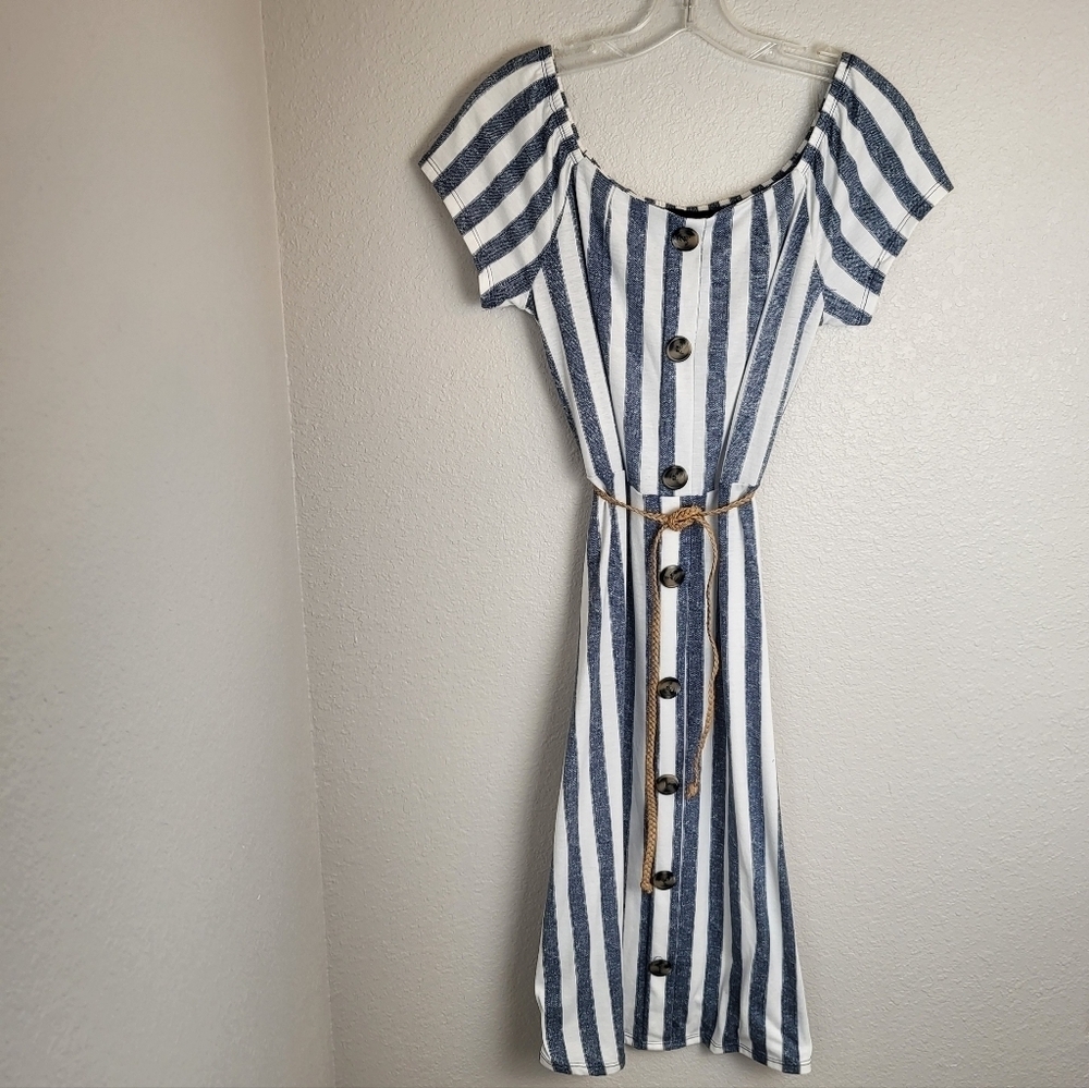 Derek Heart Blue Striped Belted Summer Dress Button Down Off Shoulder Option